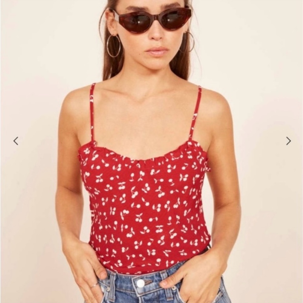 Reformation Fiddle Tank Top – Red Cherry Print, Size XL